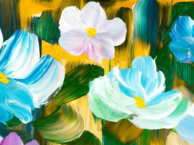 Soyut çiçekler, orijinal el çizimi, izlenimcilik stili, renk dokusu, fırça darbeleri, sanat arka planı. Modern sanat.