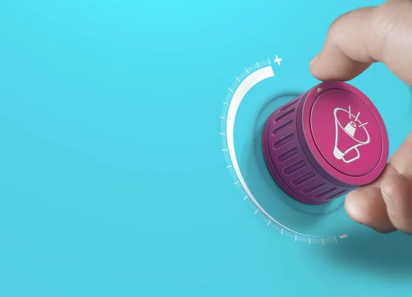 Mann Dreht Einem Pinkfarbenen Knopf Mit Megafon Symbol Markenkommunikationsstrategie Und Stockbild