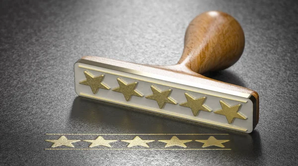 Five Golden Stars Rubber Stamp Black Background Concept Customer Satisfaction Stockbild