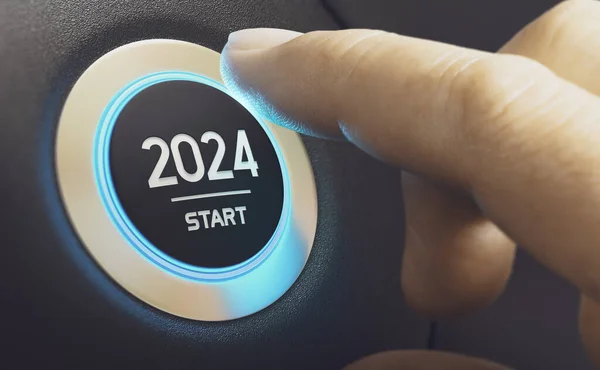 핑거는 2024 문자와 자동차 버튼을 누릅니다 개념입니다 손으로 사이의 이미지 — 스톡 사진