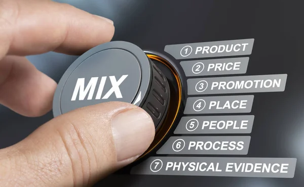 Mão Turing Botão Para Controlar Marketing Mix Model — Fotografia de Stock