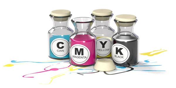 Colori Substractive Cmyk Bottiglie Cyan Magenta Yellow Key Sfondo Bianco — Foto Stock