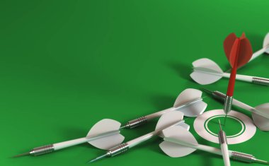 3d render of many darts over a green background. The red dart hits the center of a target and the others failed. Concept of best or optimal strategy. clipart
