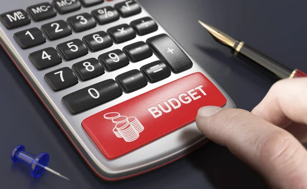 Dedo Pressionando Botão Uma Calculadora Conceitual Conceito Planeamento Orçamental Previsão — Fotografia de Stock