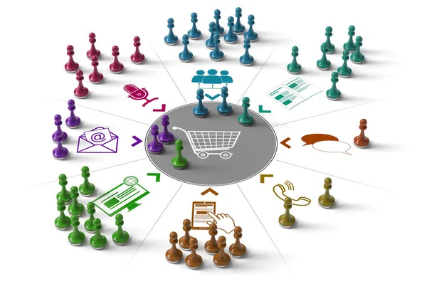 Render Many Pawns Shopping Cart White Background Multi Channel Marketing — Stock Photo, Image