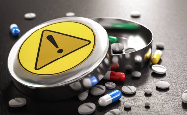 Uyarı işareti olan bir kutu farklı hap ve tablet. Uyuşturucu etkileşimleri ve riskler veya ters etki kavramı. 3 Boyutlu Hazırlama
