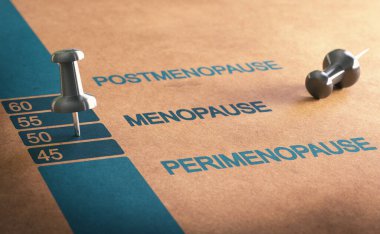 Kağıt arkaplanda ortalama menopoz yaş çizelgesi konsepti ve 50 numaranın üzerinde raptiye var. 3 Boyutlu Hazırlama