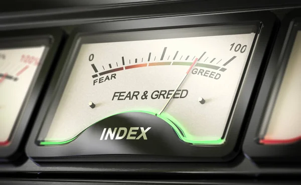 Close Conceptual Gauge Investor Sentiment Fear Greed Index Concept Render — Stock Photo, Image