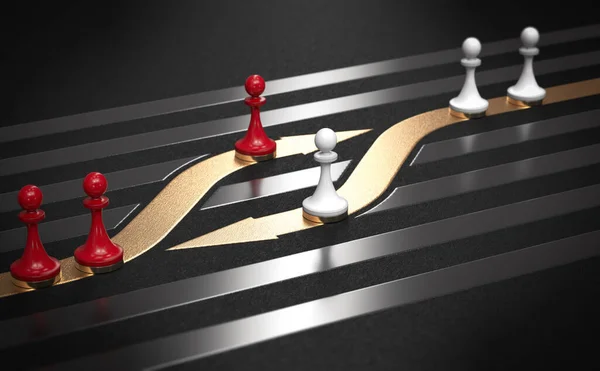 Red White Pawns Black Background Golden Arrows Employee Swap Turnover — Stock Photo, Image