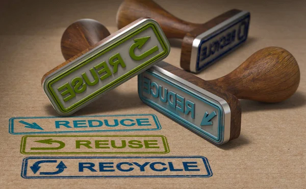 単語が付いているゴム製スタンプは減り 再使用し リサイクルします 廃棄物管理と3Rコンセプト 3Dイラスト — ストック写真