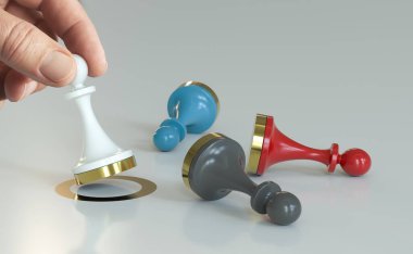 Hand holding a pawn for beating competition. Composite between a hand image and a 3D background clipart