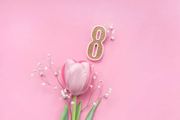 Tebrik kartı, Bahar Bayramı afişi, 8 Mart Uluslararası Kadınlar Günü, doğum günü kızı, pembe arka plan