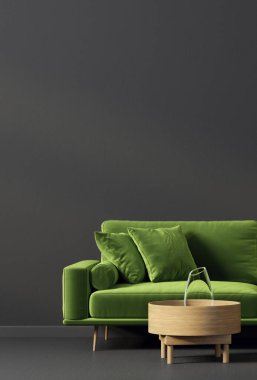 Yeşil kanepeli modern oturma odası. 3 boyutlu illüstrasyon. İskandinav iç mimarisi