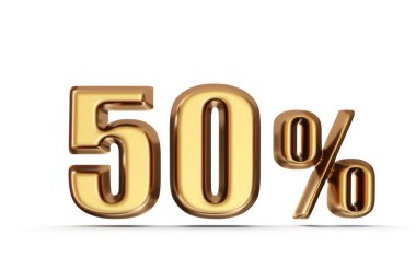 % 50 teklif. Mega satışı. Beyaz arka planda izole edilmiş altın tabela. 3d illüstrasyon