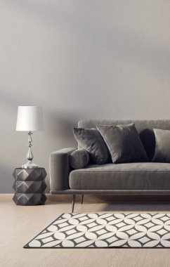 Siyah kanepeli modern oturma odası. 3 boyutlu illüstrasyon. İskandinav iç mimarisi