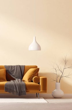 Kanepeli modern oturma odası. 3 boyutlu illüstrasyon. İskandinav iç mimarisi