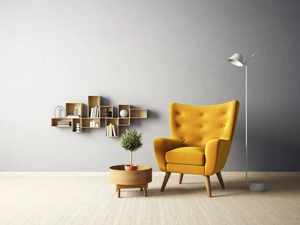 modern living room with yellow armchair. 3d illustration