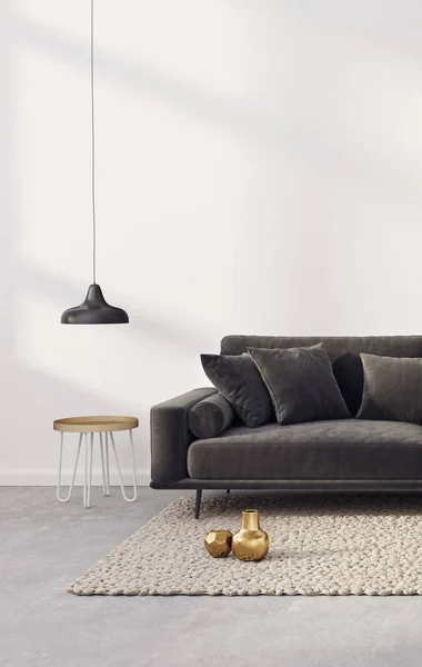 有黑色沙发的现代客厅 3D例证 斯堪的纳维亚内陆 — 图库照片