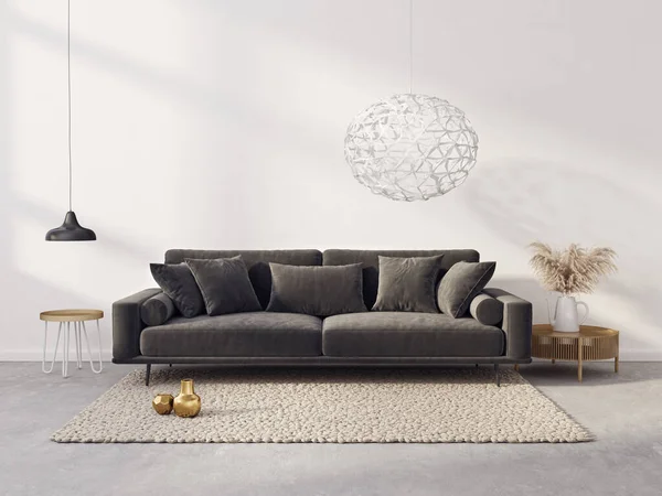 Modernes Wohnzimmer Mit Schwarzem Sofa Illustration Skandinavisches Interieur — Stockfoto