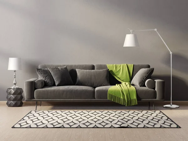 Modernes Wohnzimmer Mit Schwarzem Sofa Illustration Skandinavisches Interieur — Stockfoto