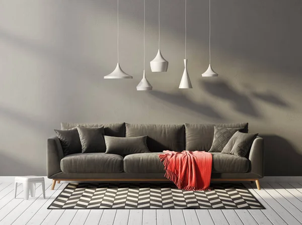 有黑色沙发的现代客厅 3D例证 斯堪的纳维亚内陆 免版税图库照片
