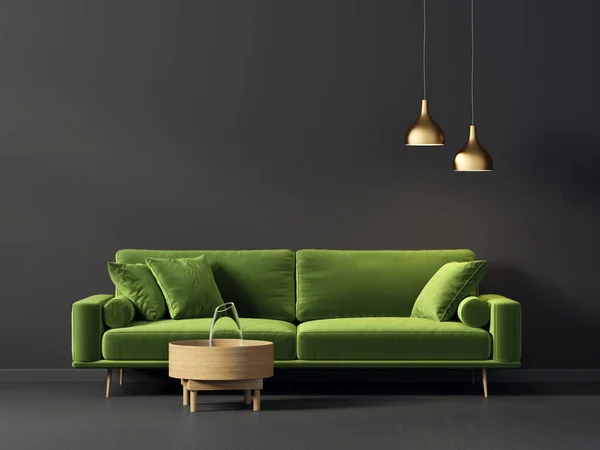 有绿色沙发的现代客厅 3D例证 斯堪的纳维亚内陆 图库照片