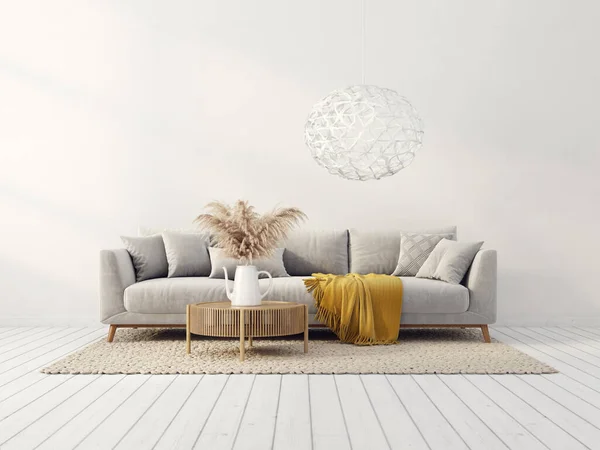 有沙发的现代客厅 3D例证 斯堪的纳维亚内陆 免版税图库照片
