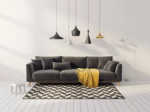 有黑色沙发的现代客厅 3D例证 斯堪的纳维亚内陆 图库图片