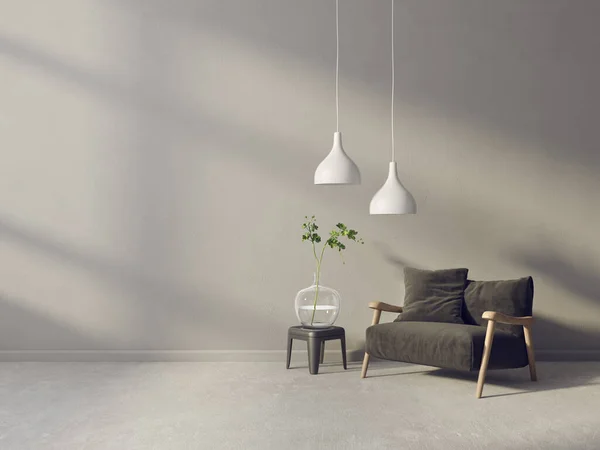 有扶手椅的现代客厅 3D例证 斯堪的纳维亚内陆 图库照片