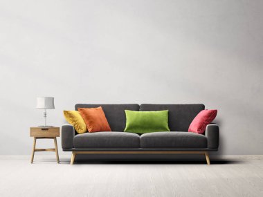 Siyah kanepesi ve renkli yastıkları olan modern oturma odası. 3d illüstrasyon