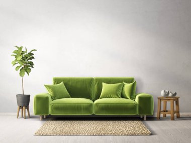 Yeşil kanepeli modern oturma odası. 3d illüstrasyon