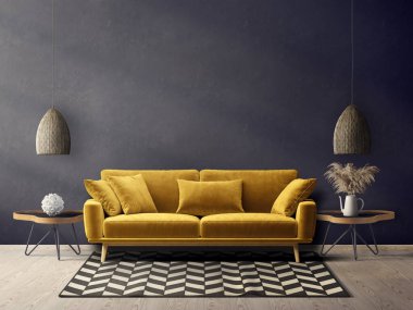 Sarı kanepeli modern oturma odası. 3d illüstrasyon