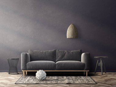 Siyah kanepeli modern oturma odası. 3d illüstrasyon