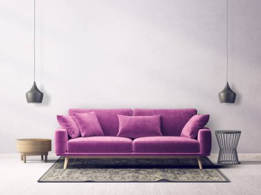Menekşe kanepeli modern oturma odası. 3d illüstrasyon