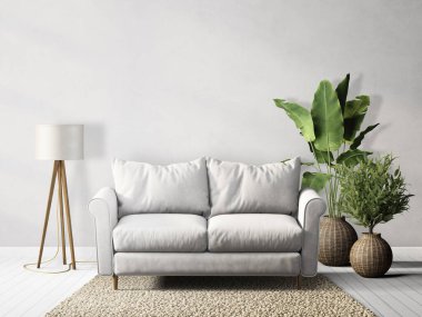Büyük bitkiler ve gri kanepeli modern oturma odası. 3d illüstrasyon