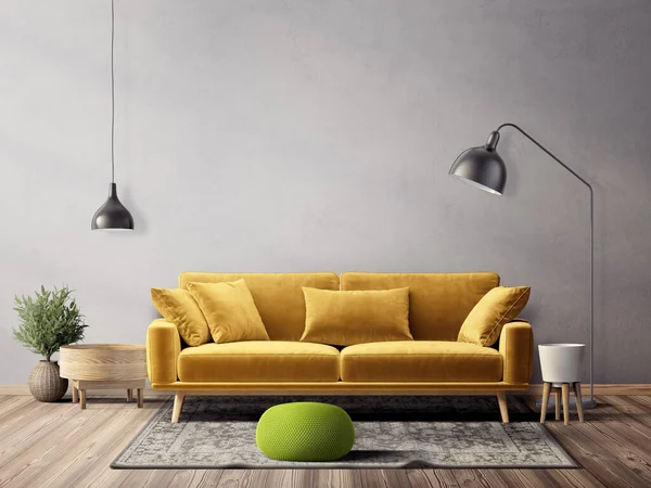 Moderní Obývací Pokoj Žlutou Pohovkou Ilustrace — Stock fotografie