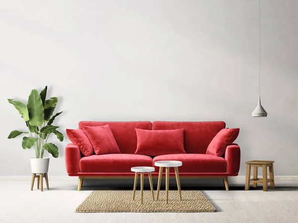 赤いソファ付きのモダンなリビングルーム 3Dイラスト — ストック写真