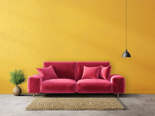 有红色沙发的现代客厅 3D说明 — 图库照片