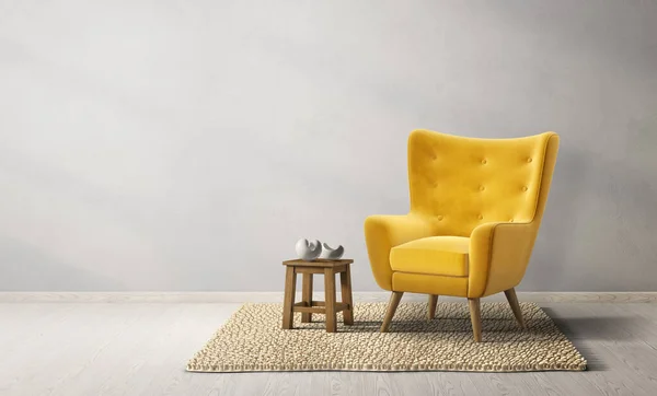 黄色のアームチェア付きのモダンなリビングルーム 3Dイラスト ロイヤリティフリーのストック画像