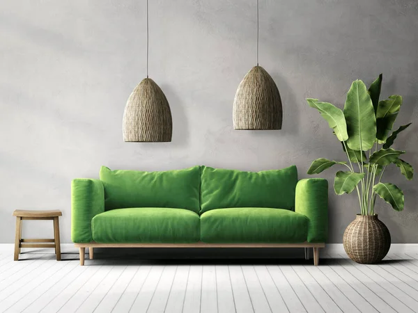 有绿色沙发的现代客厅 3D说明 图库图片