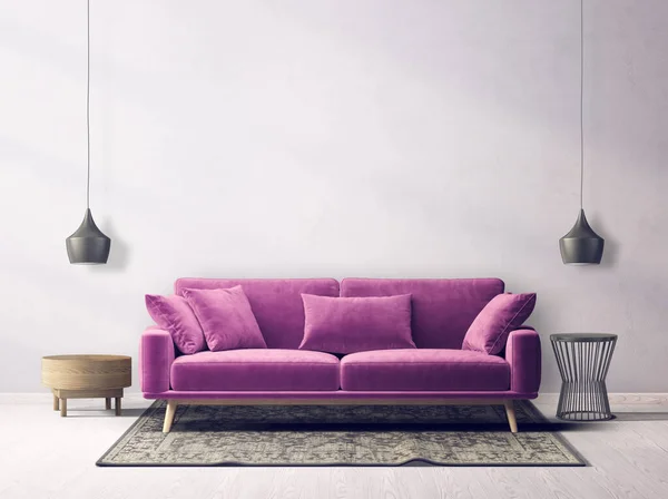 Сучасна Вітальня Фіолетовим Диваном Ілюстрація Ліцензійні Стокові Фото