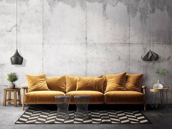 Modern Living Room Yellow Sofa Stock Photo