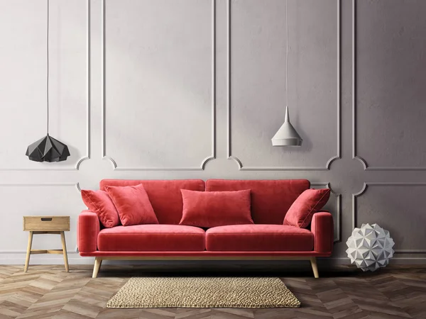 赤いソファ モダンなリビング ルーム ロイヤリティフリーのストック画像
