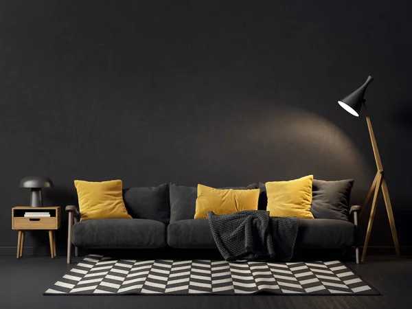 ブラックソファー付きのモダンなリビングルーム 3Dイラスト ストック画像