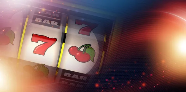 赤と黄色の背景を持つカジノゲームバナーと右側のスペースをコピーします ラッキー7スロットマシン ギャンブル業界のテーマ — ストック写真
