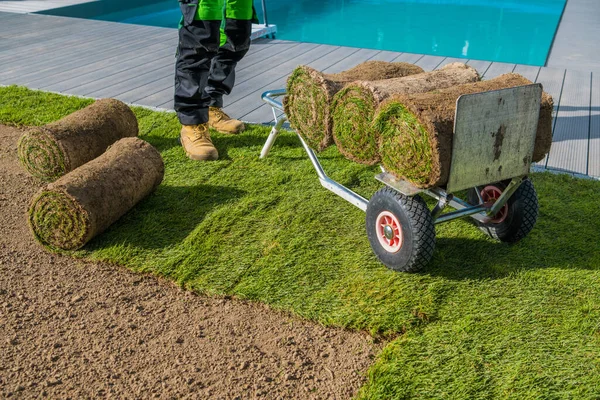 Natural Grass Rolls Geladen Hand Truck Moe Tuinman Staande Naast — Stockfoto