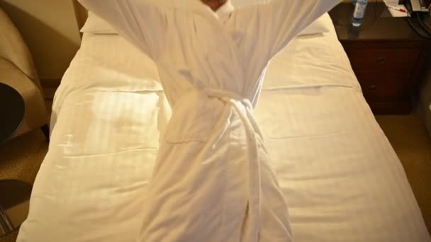 Szlafrok Wearing Traveling Tourist Falling Hotel Bed Slow Motion — Wideo stockowe