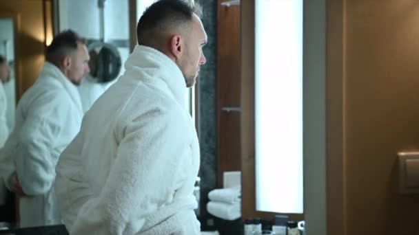 Caucasian Man His 40S Wearing Bathrobe Getting Ready New Busy — Stock Video