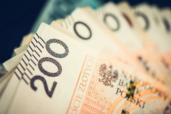 Dinheiro Zloty Polonês Cash Closeup Pilha Duas Centenas Notas Polônia — Fotografia de Stock