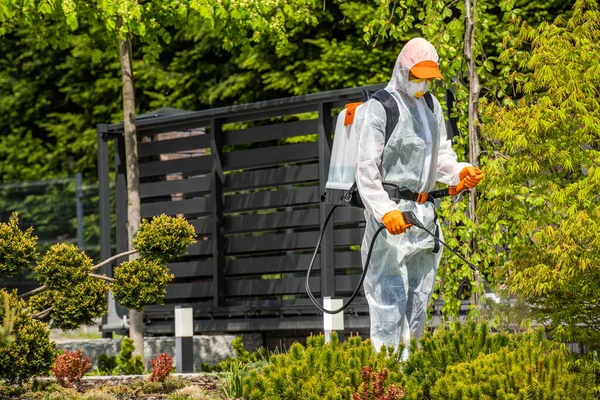 Professional Landscape Gardener Safety Gear Spraying Chemicals Garden Plants Scheduled — Stock Photo, Image